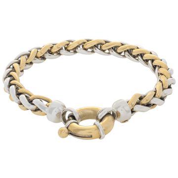 Wheat chain bracelet in 18k white & yellow gold. Length 8 inches. Width 6.3mm