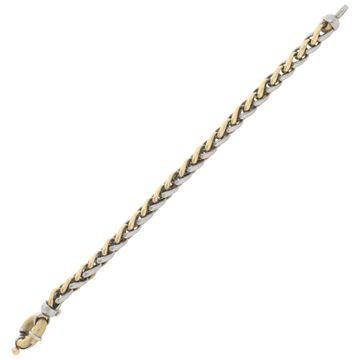 Wheat chain bracelet in 18k white & yellow gold. Length 8 inches. Width 6.3mm