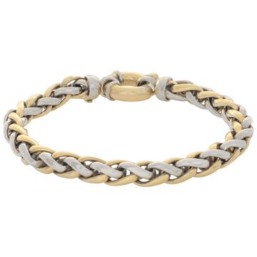 Wheat chain bracelet in 18k white & yellow gold. Length 8 inches. Width 6.3mm